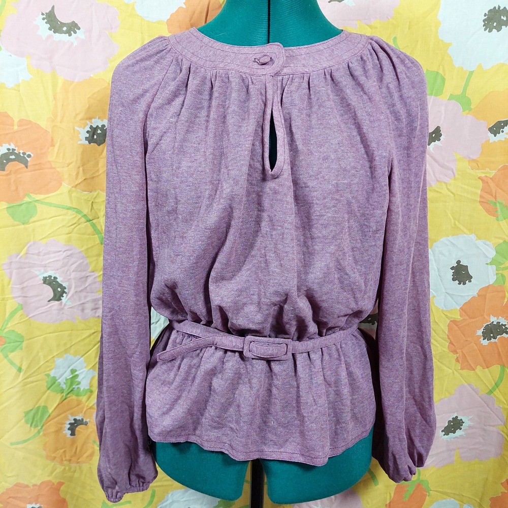 Vintage 70s Leslie Fay Purple Peasant Top Boho Belted Peplum Blouse Womens S